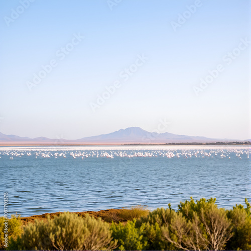 Flamingo lake view in Lake Turkana central island photo