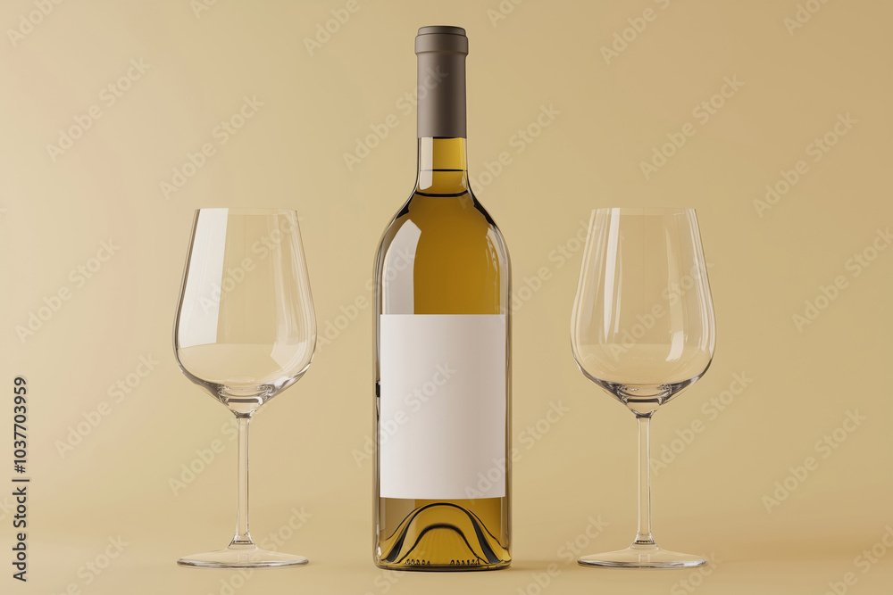 A bottle of white wine with blank label on a beige background A bottle of white wine with blank label on a beige background