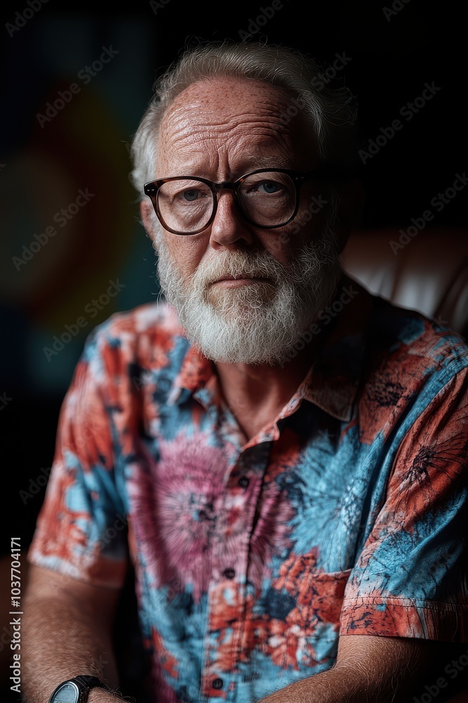 Portrait of a senior man with white beard and colorful shirt, looking at the camera Portrait of a senior man with white beard and colorful shirt, looking at the camera
