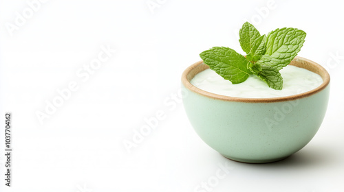 Creamy yogurt in light green bowl topped with fresh mint leaves creates refreshing and appetizing presentation. Perfect for healthy recipes or culinary inspiration.