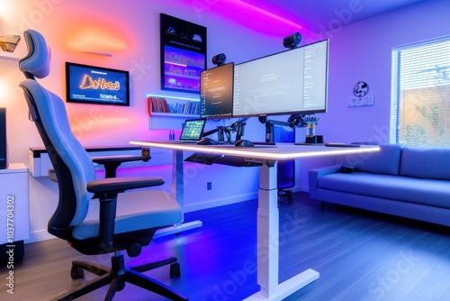 computer room with lighting and comfortable desk chairs with wide windows