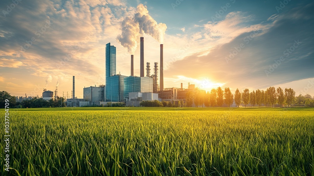 Modern factory with sleek glass facades and tall chimneys surrounded by a green field soft natural light shot from a distance wide-angle lens Modern factory with sleek glass facades and tall chimneys surrounded by a green field soft natural light shot from a distance wide-angle lens