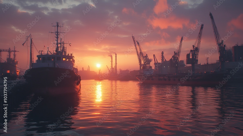 Coastal factory with ships docked at an industrial port and cranes loading containers soft sunset lighting shot Coastal factory with ships docked at an industrial port and cranes loading containers soft sunset lighting shot