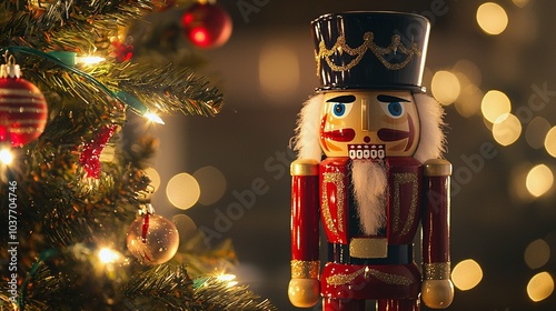 Nutcracker Soldier Guarding Christmas Tree with Twinkling Lights