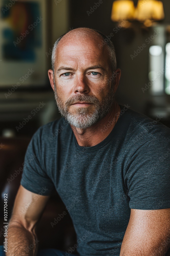 Portrait of a middle-aged man with shaved head and beard in dark t-shirt Portrait of a middle-aged man with shaved head and beard in dark t-shirt