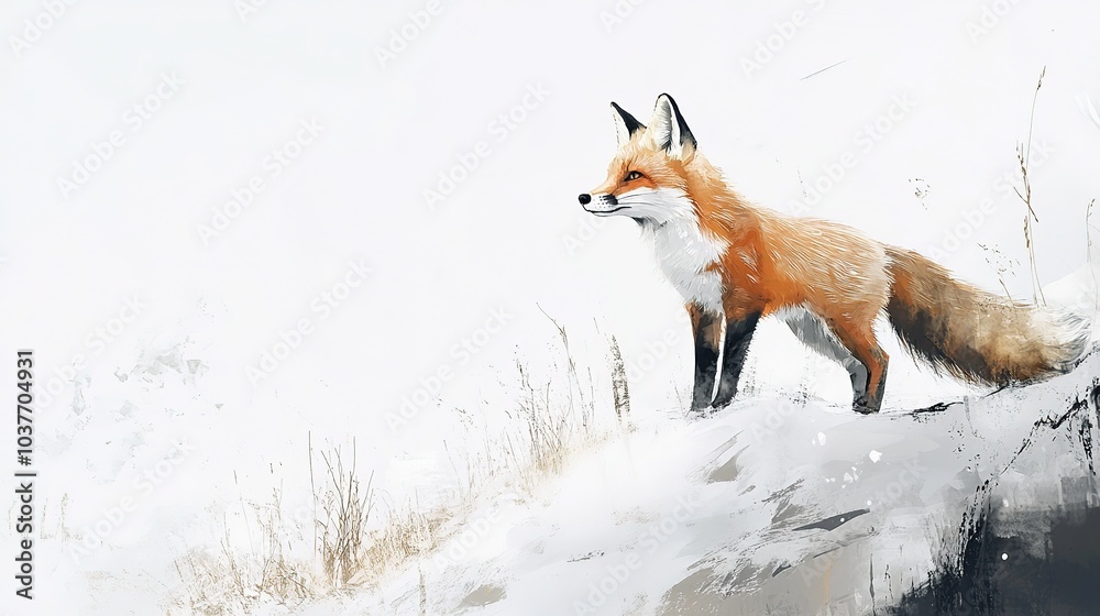 Fototapeta premium Majestic red fox standing on a snowy hill during winter, showcasing its striking fur and alert demeanor in a serene landscape