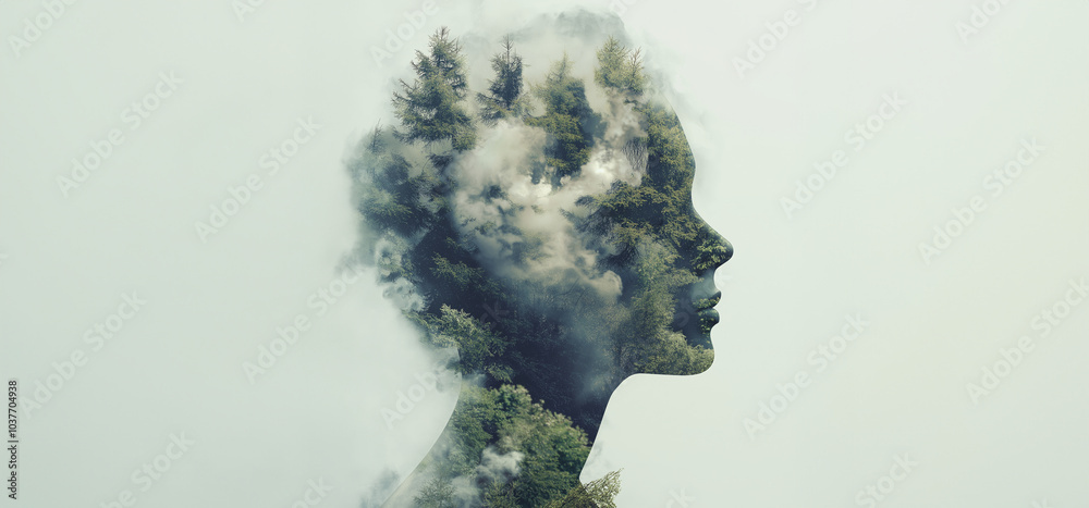 A captivating double exposure blends a human side profile with a serene forest, symbolizing unity and introspection with nature.