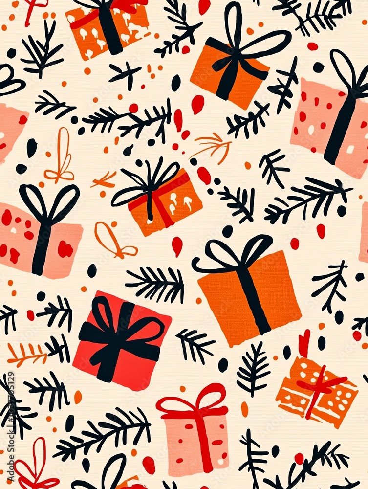 Whimsical Christmas gifts and ribbons pattern, playful and colorful Whimsical Christmas gifts and ribbons pattern, playful and colorful
