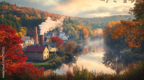 Peaceful village in autumn vibrant orange and red trees dotting the landscape smoke rising from chimneys river reflecting fall colors Camera wide angle from a hilltop soft morning light 