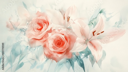 Beautiful watercolor painting of pink roses and white lilies with soft green foliage on a light background