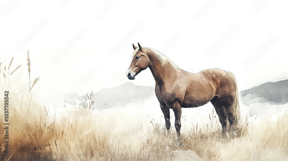 Naklejka premium A solitary horse stands gracefully in a lush green field under a bright sky beside gentle rolling hills