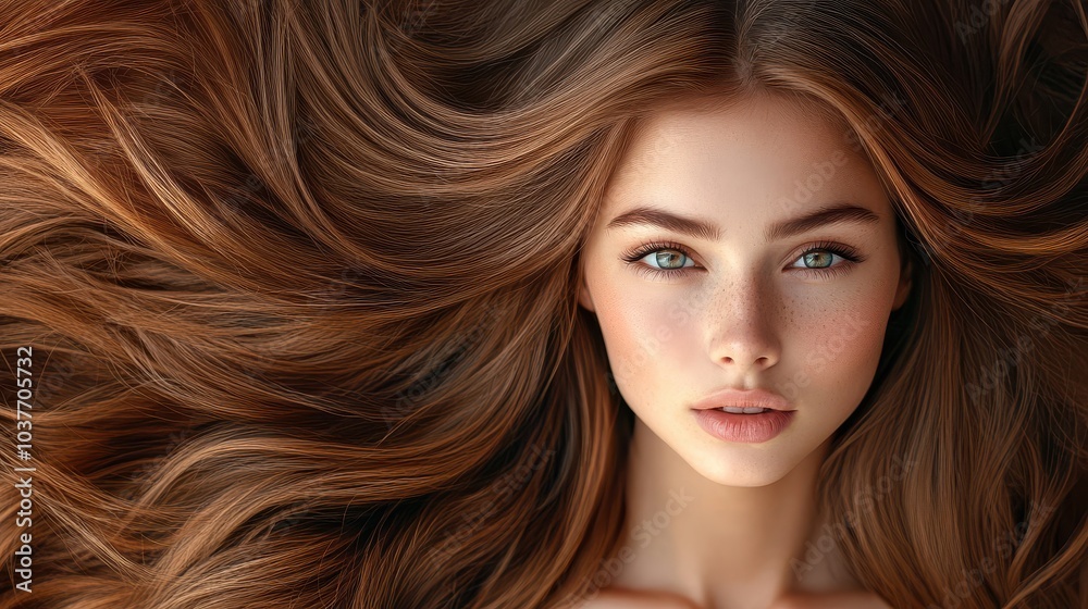 Close-up portrait of a young woman with long flowing hair and freckles Close-up portrait of a young woman with long flowing hair and freckles