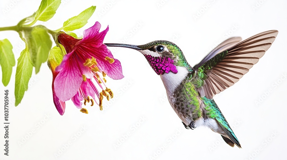 Obraz premium A colorful hummingbird hovers near a vibrant pink flower in a bright and sunny garden setting
