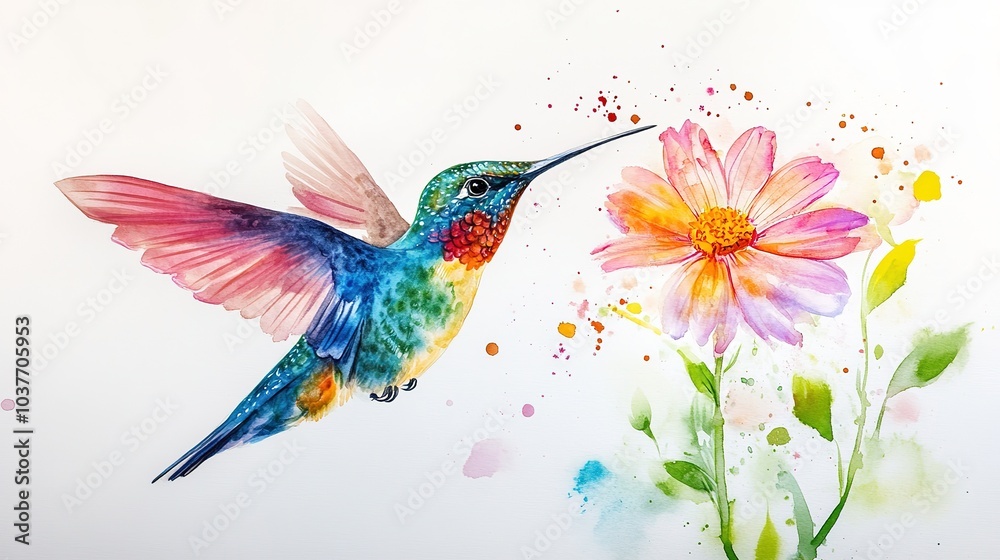 A colorful hummingbird hovers near a vibrant pink flower in a bright and sunny garden setting A colorful hummingbird hovers near a vibrant pink flower in a bright and sunny garden setting