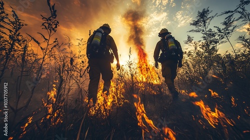 Firefighters creating firebreaks and using controlled burns to stop a wildfire from spreading Stock Photo with side copy space