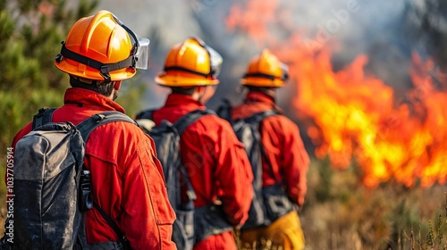 Firefighters creating firebreaks and using controlled burns to stop a wildfire from spreading Stock Photo with side copy space