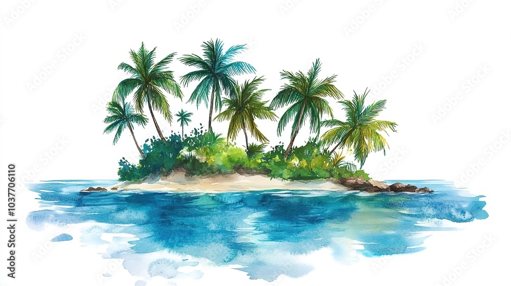 Fototapeta premium A tropical island landscape with lush palm trees and clear blue water under a bright sky