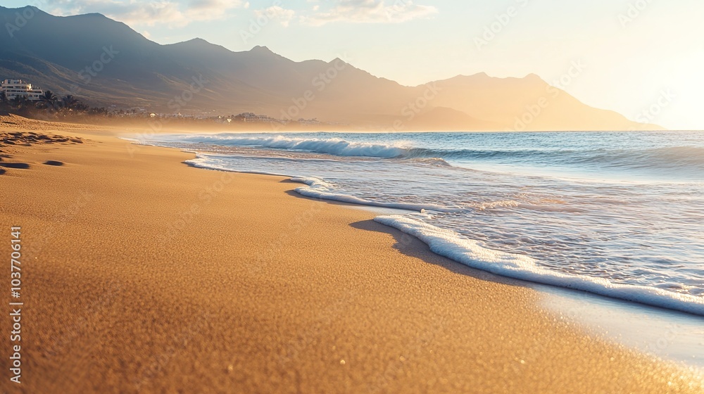 Beach in late afternoon soft shadows stretching across golden sand gentle waves rolling in distant mountains on the horizon Camera wide shot from low angle warm soft light Beach in late afternoon soft shadows stretching across golden sand gentle waves rolling in distant mountains on the horizon Camera wide shot from low angle warm soft light