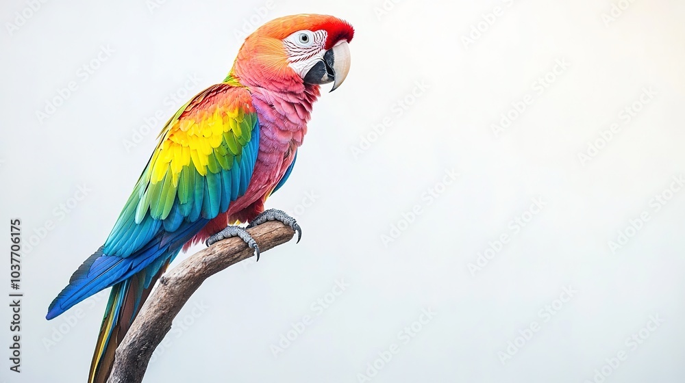 Fototapeta premium Colorful parrot perched on a branch in a serene natural setting with bright plumage in the sunlight