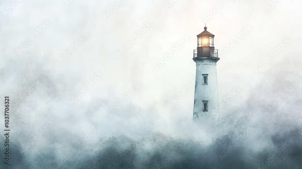 A serene lighthouse stands tall amidst foggy shores at dawn, its light cutting through the early morning mist A serene lighthouse stands tall amidst foggy shores at dawn, its light cutting through the early morning mist