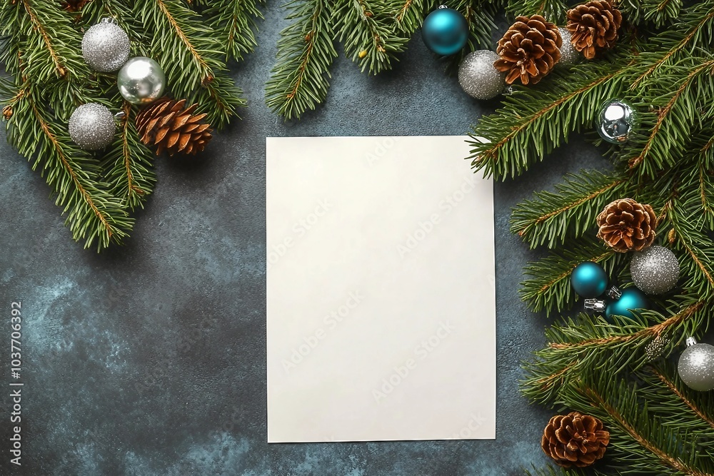 Christmas flat lay gray background with fir tree branches and silver decorations, fir cones and white paper for Free space for design. Holiday concept. Christmas flat lay gray background with fir tree branches and silver decorations, fir cones and white paper for Free space for design. Holiday concept.