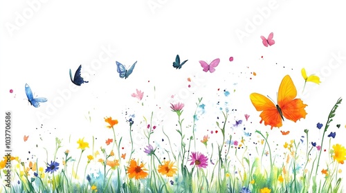 Colorful butterflies fluttering among a vibrant wildflower meadow in a serene spring setting