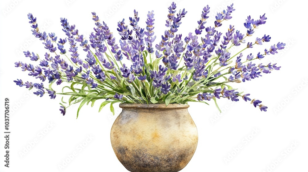 A vibrant lavender arrangement in a rustic pot displayed beautifully against a white background A vibrant lavender arrangement in a rustic pot displayed beautifully against a white background
