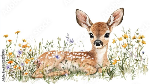 A cute fawn lying peacefully among wildflowers in a serene meadow during springtime, surrounded by vibrant colors