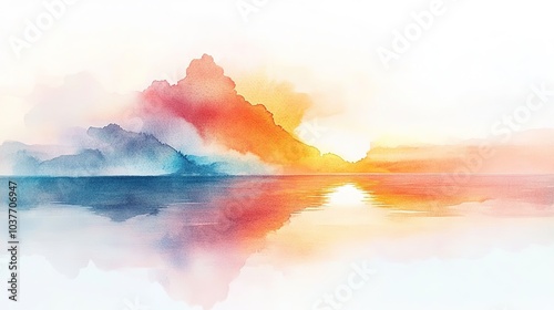 A vibrant watercolor sunset over a calm lake reflects colorful clouds and the sun's warm glow