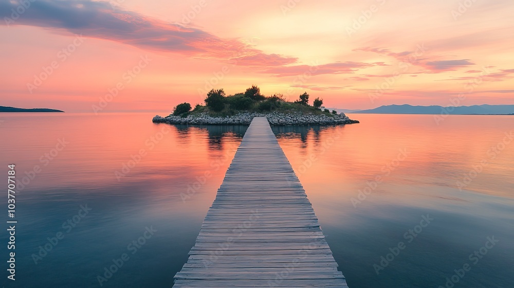 Small island at sunset vibrant orange and pink sky reflecting in the calm waters wooden pier stretching out into the ocean Camera wide angle from shoreline warm peaceful mood Small island at sunset vibrant orange and pink sky reflecting in the calm waters wooden pier stretching out into the ocean Camera wide angle from shoreline warm peaceful mood