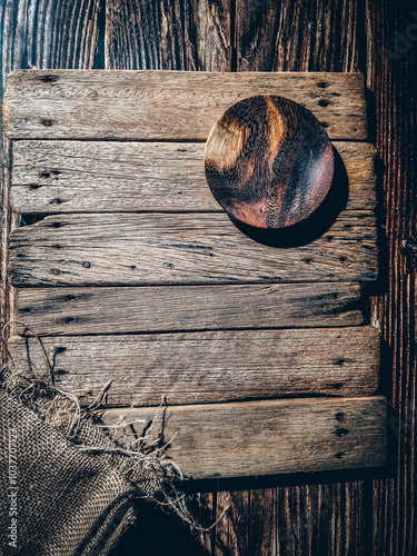 A picture of wooden panels arranged together is an old wooden table and a small round brown wooden tray on it with space for text.