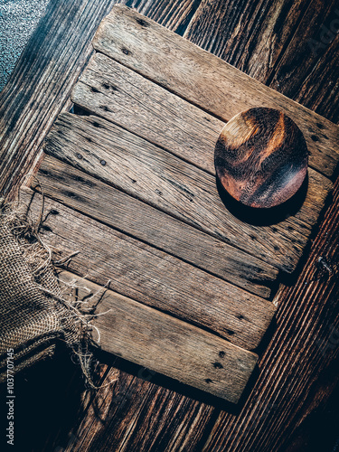 A picture of wooden panels arranged together is an old wooden table and a small round brown wooden tray on it with space for text. photo