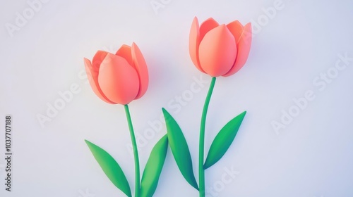 Two bright red tulips accompanied by green leaves set against a gentle light backdrop