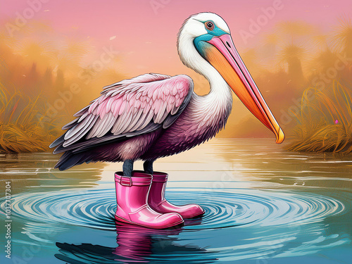 a pelican in pink rain boots