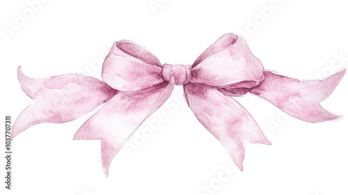 Pink ribbon bow frame hand drawn watercolor illustration on a white background ideal for greeting card or wedding invitation design