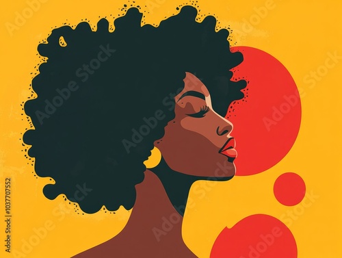 Curly haired profile illustration of an African American woman showcasing a beauty logo featuring a silhouette with fashionable afro hairstyle in a modern flat design photo