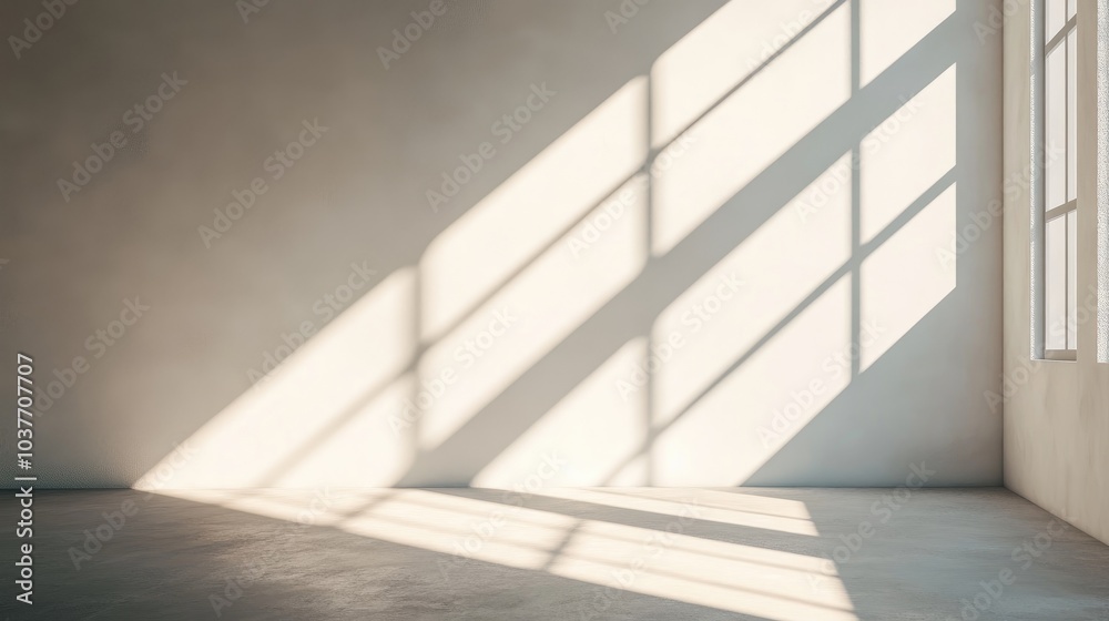 Fototapeta premium Bright minimalist interior space featuring sunlight and shadows rendered in 3D