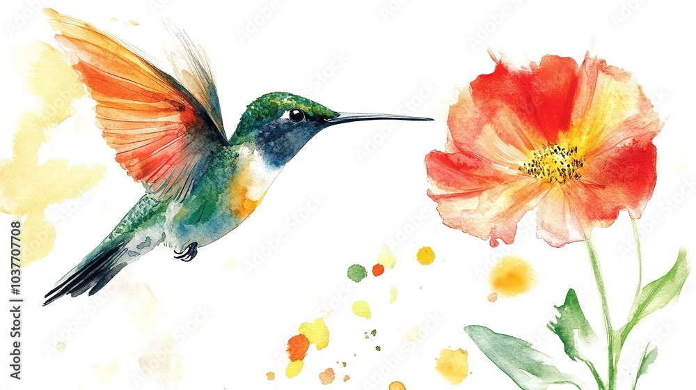 A hummingbird approaching a vibrant flower in a colorful display of nature during the daytime A hummingbird approaching a vibrant flower in a colorful display of nature during the daytime