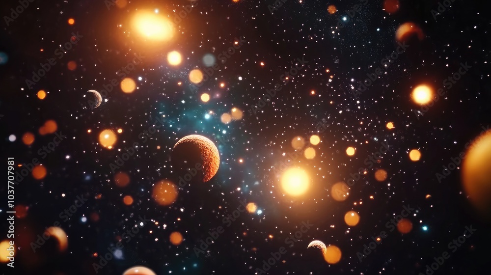 Obraz premium 2D illustration in a 3D cartoon rendering style Deep interstellar space with a realistic star pattern background Brightly flashing stars planets and moons create various science fiction inspired b
