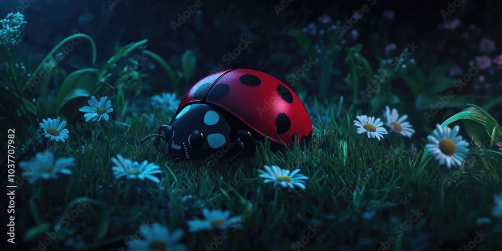 Fototapeta premium A ladybug resting in a field of chamomile flowers, Ladybug on chamomile flowers