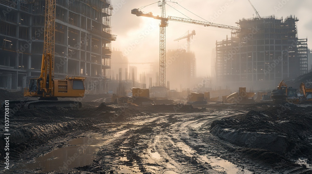 Rainy construction site muddy ground with tire tracks cranes towering ...