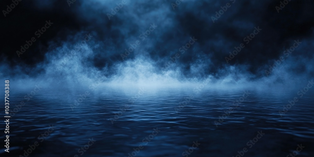 Fototapeta premium Misty lake surrounded by dense fog, Misty lake enveloped in fog