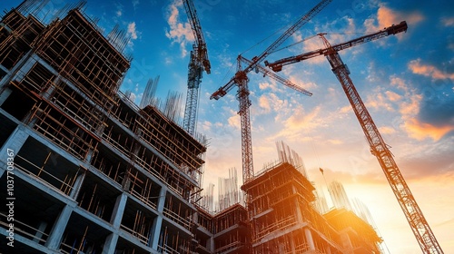 High-rise construction site at twilight towering cranes steel structure reaching toward the darkening sky city lights in the distance Camera wide angle from street level dramatic lighting  