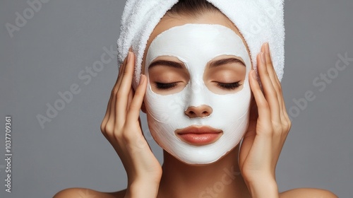 A young woman wearing a white towel on her head, applying a sheet mask to her face, AI Generative