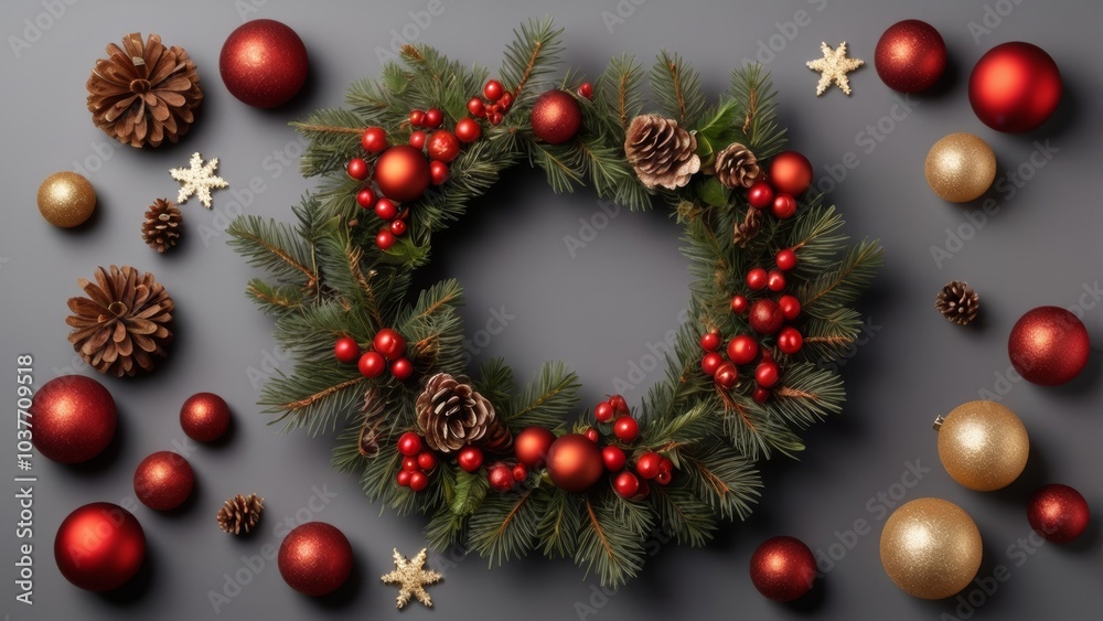 Top view to rich decorated Christmas festive wreath Top view to rich decorated Christmas festive wreath