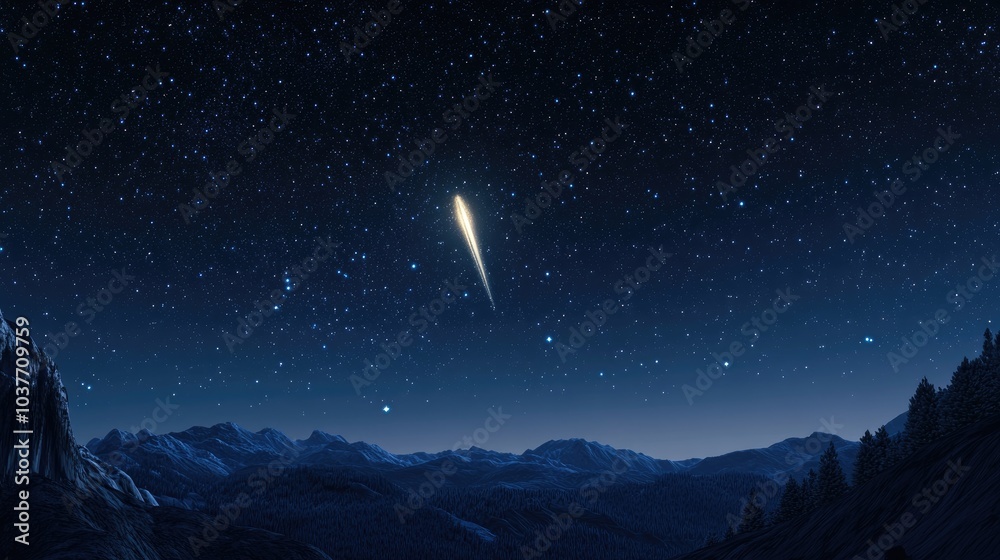 Fototapeta premium Cartoon rendering in 3D of a shining comet star against a starry night sky