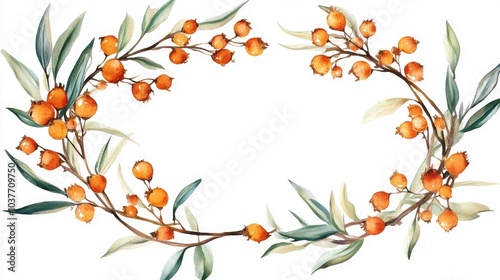 Oval frame crafted from sea buckthorn featuring a hand drawn watercolor illustration Suitable for use in cosmetology pharmaceuticals and the food industry Ideal for design applications in packagin photo