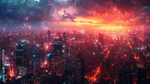 Futuristic Cityscape with Red Sky and Digital Rain