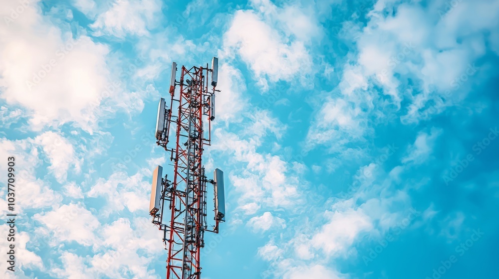 Telecommunication tower against a bright blue sky with scattered white clouds Telecommunication tower against a bright blue sky with scattered white clouds
