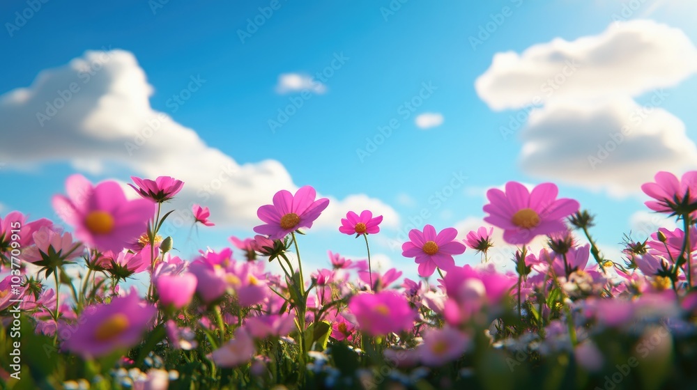 3D cartoon depiction of a garden filled with pink cosmos flowers against a blue sky backdrop 3D cartoon depiction of a garden filled with pink cosmos flowers against a blue sky backdrop